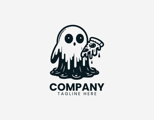 Fototapeta premium Cute ghost eating pizza black vector logo illustration isolated on white background