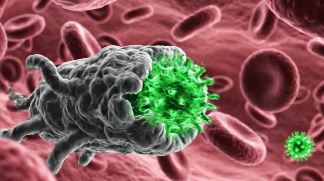 Microscopic view of a virus attacking human cells, illustrating the immune system's defense