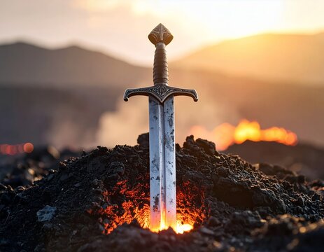 Ancient Sword of Power Embedded in Fiery Volcanic Earth at Sunset.