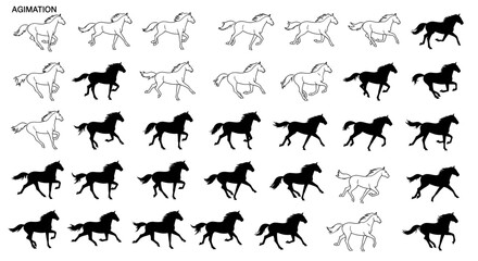 Fototapeta premium Horse Running Animation Sequence - Silhouette and Outline Art