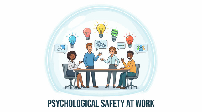 Vector illustration of a diverse team collaborating and exchanging ideas in a protective bubble, representing psychological safety, trust, and open communication at work
