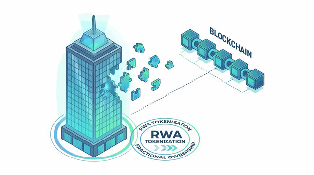 Conceptual illustration of real-world asset tokenization, showing a building transforming into secure digital tokens on a transparent blockchain