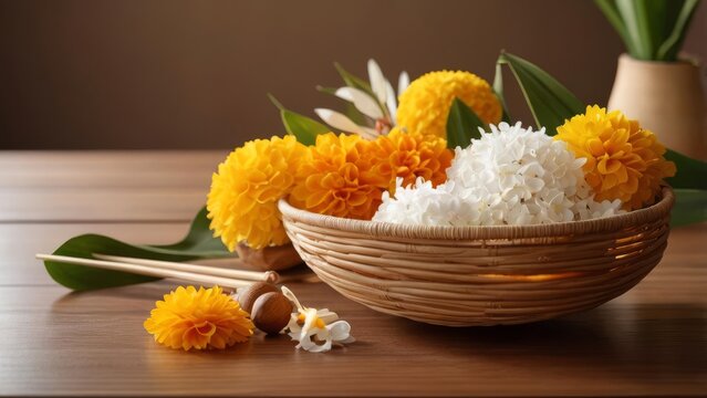 High-quality digital illustration of Balinese Canang Sari offering with fresh marigold and frangipani flowers in a coconut leaf basket on a wooden table.