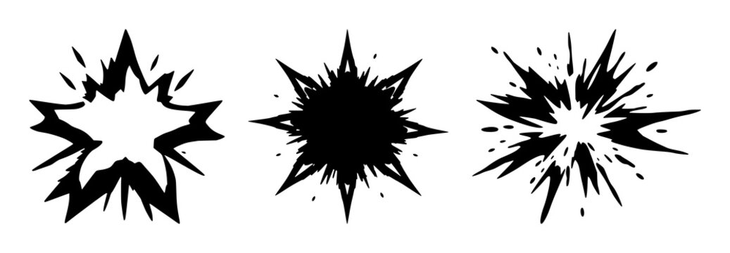 Star explosion set with dynamic flame burst imagery featuring vibrant color palette, abstract geometry, graphic flourish with bold outlines and luminous glow