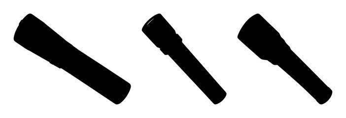Flashlight set with silhouette on dark background featuring handheld illumination, battery icon, switch with minimalist black and white and line art © MSTSHIWLY