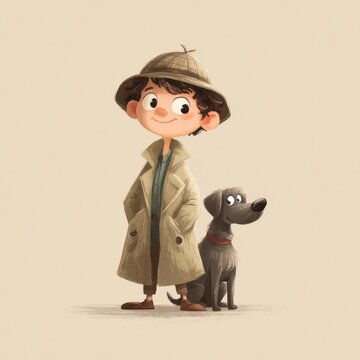 a cute young boy detective and his small dog