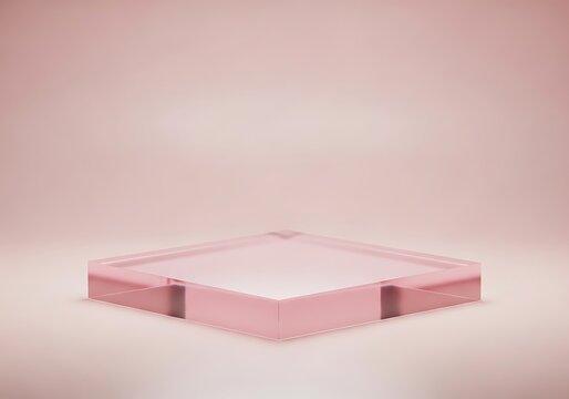 A minimalist square glass podium display stand set against a soft pastel pink studio background