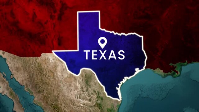 Texas state map highlighted animation. Location marked with glowing pinpoint on USA map with modern geographic style