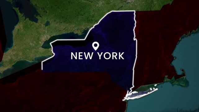 New York state map highlighted animation. Location marked with glowing pinpoint on USA map with modern geographic style