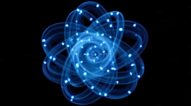 Glowing blue atom model with electrons orbiting nucleus.