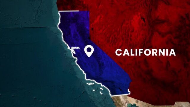 California state map highlighted animation. Location marked with glowing pinpoint on USA map with modern geographic style