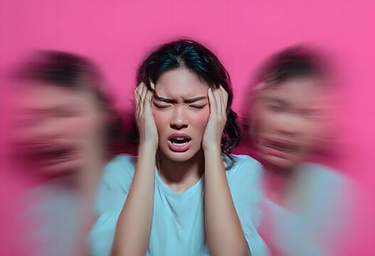 A young woman suffering severe mental anguish or intense headache gripping her head on a vivid pink background with blurred side figures