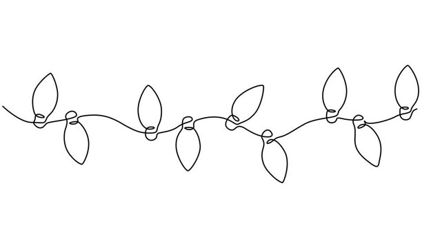 Abstract garland of light bulbs, Self drawing animation one continuous line draw, logo on white background, christmas lights continuous one line drawing animation, Video. Festoon, garland with bulbs.