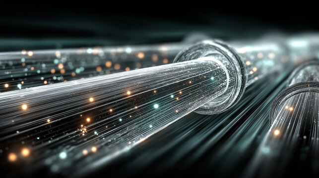 Close-up of fiber optic cables emitting light, symbolizing high-speed data transmission and modern communication technology.