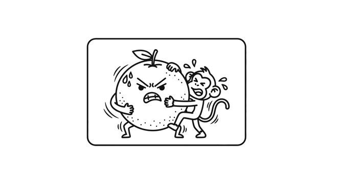 Humorous cartoon illustration of a monkey struggling with an angry orange fruit for playful themes