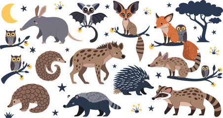 Obraz premium Nocturnal Animal Illustration Set Featuring Bat, Fox, Owl, Hyena, Raccoon, and Other Wild Creatures with Stars and Moon Accents