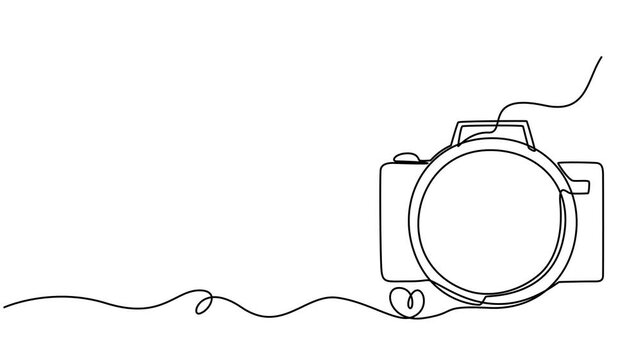 camera continuous one line drawing animation, Camera continuous one line drawing minimalist style animation video. Self drawing simple animation of single line drawing of DSLR camera. photo camera