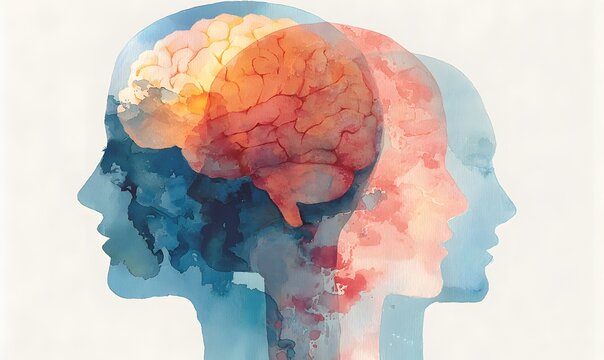 Watercolor artwork of overlapping human heads with visible brains in blue and warm colors symbolizing complex thoughts mental health and human connect