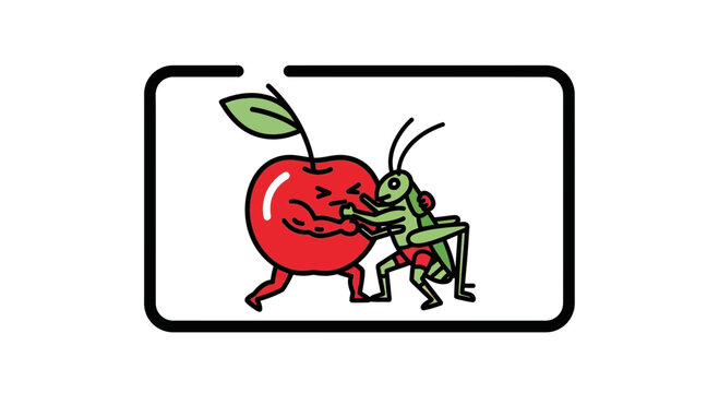 Vibrant cartoon apple and grasshopper engage in a spirited wrestling match illustration
