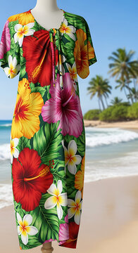 Vibrant Tropical Floral Dress on Mannequin Against a Sunny Beach Backdrop