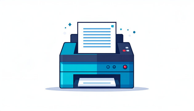 Blue printer illustration with paper; office equipment for printing documents and reports