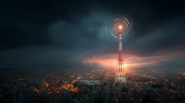 A towering communication antenna transmits signals over a sprawling cityscape at dusk under a dramatic, cloudy sky.