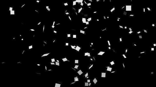 Bomb explotion shiny white or silver confetti isolated on transparent video black background. Bright festive tinsel color