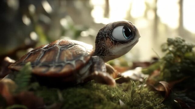 Cute animated baby turtle hatchling with big curious eyes exploring mossy forest floor in soft natural light