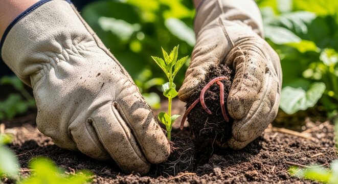 Hands Planting Young Green Seedling Outdoors.