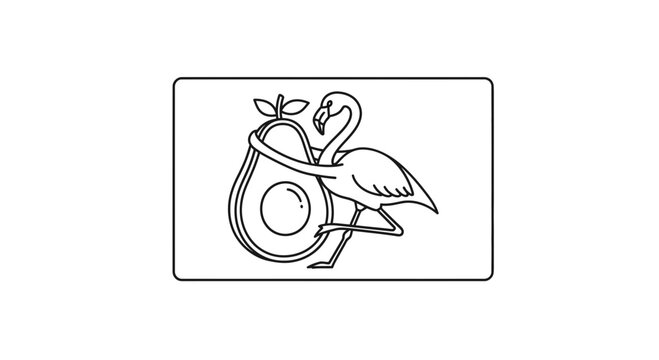 Charming line art of a graceful flamingo tenderly embracing a ripe, halved avocado for a healthy,