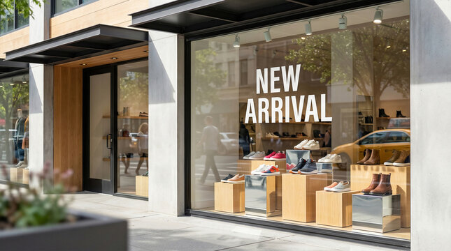 Modern Boutique Storefront with New Arrival Sign and Shoe Display