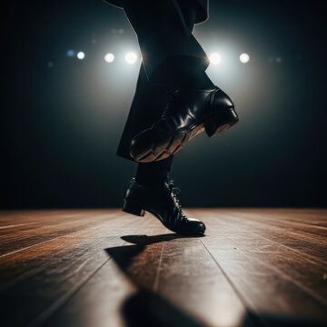 Close-up of tap dancers foot on stage under spotlights.