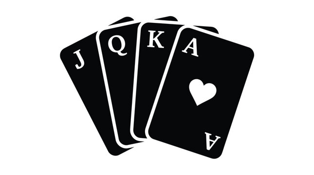 A vector graphic illustration of four black playing cards with white letters on a plain background