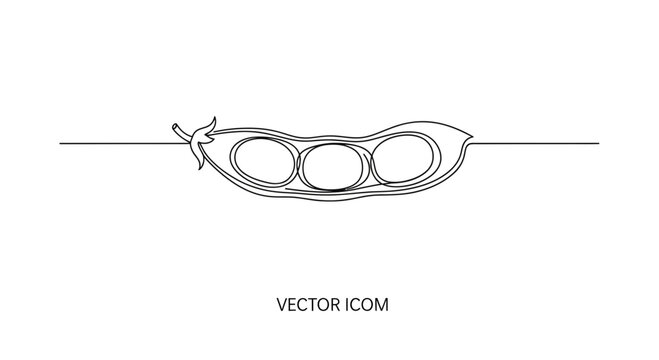 Elegant single continuous line art illustration depicting an open pea pod with three perfectly