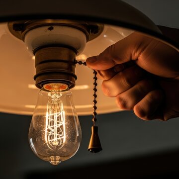 Hand Pulling Chain to Turn On Vintage Light Bulb.