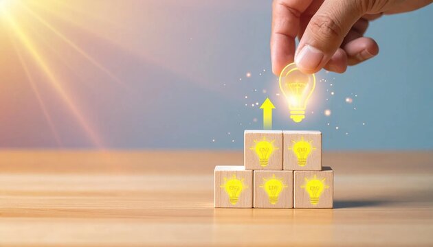 Hand placing glowing light bulb on wooden blocks, symbolizing new ideas and innovation.