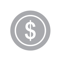 Obraz premium Monochromatic gray circle coin graphic displaying a white centered dollar currency symbol against a plain background.