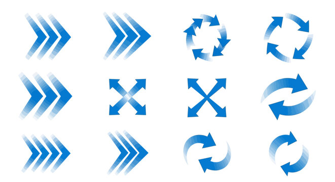 Collection of various directional blue arrows and circular motion symbols on a white background, perfect for design elements