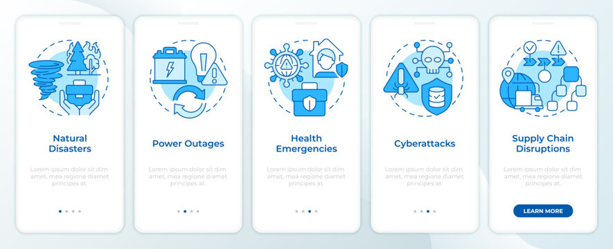 Variety of unexpected occurrences blue onboarding mobile app screen. Walkthrough 5 steps editable graphic instructions with linear concepts. UI, UX, GUI. Montserrat SemiBold, Regular fonts used