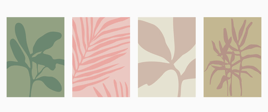 Set of abstract foliage poster vector design. Leaves, flower, organic shapes with earth tone colors. Illustration design for Eco packaging, interior, cover, wall art, wallpaper