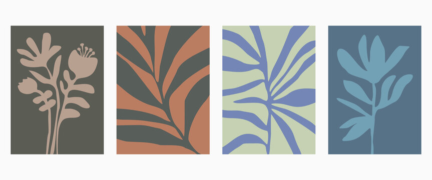 Set of abstract foliage poster vector design. Leaves, flower, organic shapes with earth tone colors. Illustration design for Eco packaging, interior, cover, wall art, wallpaper