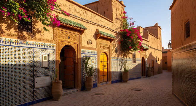 Traditional Moroccan Architecture with Intricate Tilework and Arched Doorways.