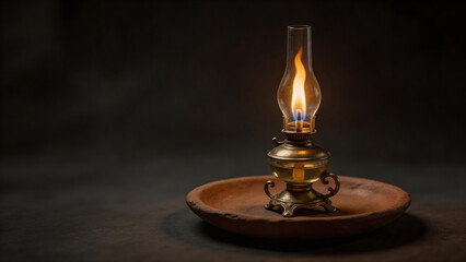 Vintage Brass Oil Lamp with Flame on a Terracotta Plate