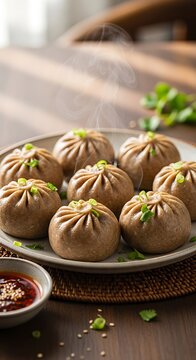 Delicious momos with dipping sauce.