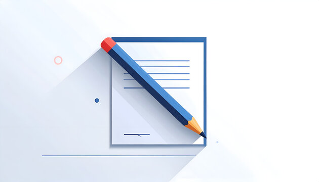 Blue pencil leaning on a paper sheet ready to write in modern flat vector style