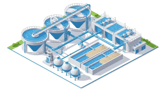 Industrial wastewater treatment plant with clarifiers and tanks.