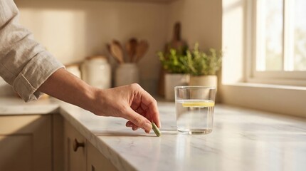 Fototapeta premium plant based nutrition capsule Hand placing a mint leaf next to a glass of lemon water on a kitchen counter.