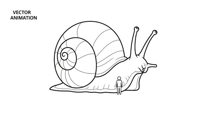 Vector animation concept showing a tiny person next to a colossal gastropod creature