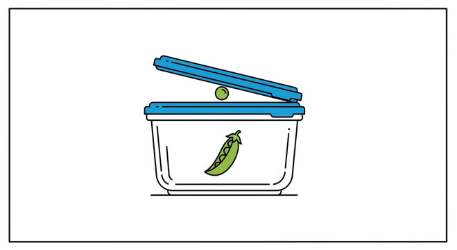 Minimalist illustration of a fresh green pea pod and a single pea with an open blue food storage