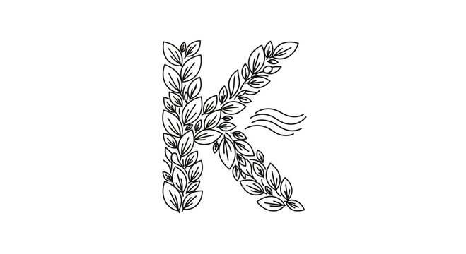 Elegant botanical letter K crafted from intricate leaf outlines perfect for natural branding and
